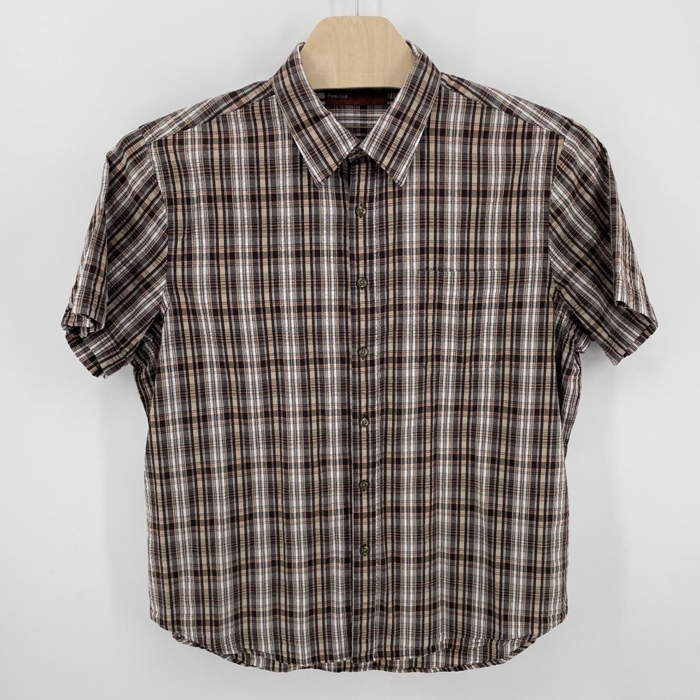 Perry Ellis Mens Brown Plaid Short Sleeve Button Down Shirt XL Pocket